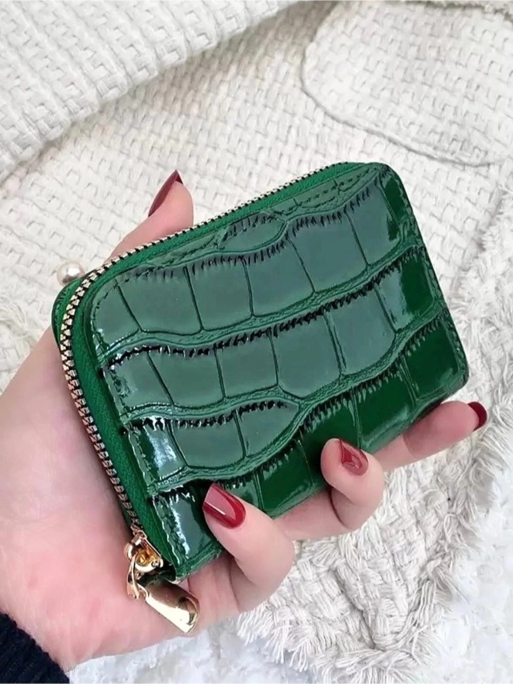 Green Crocodile-Embossed Zip Wallet